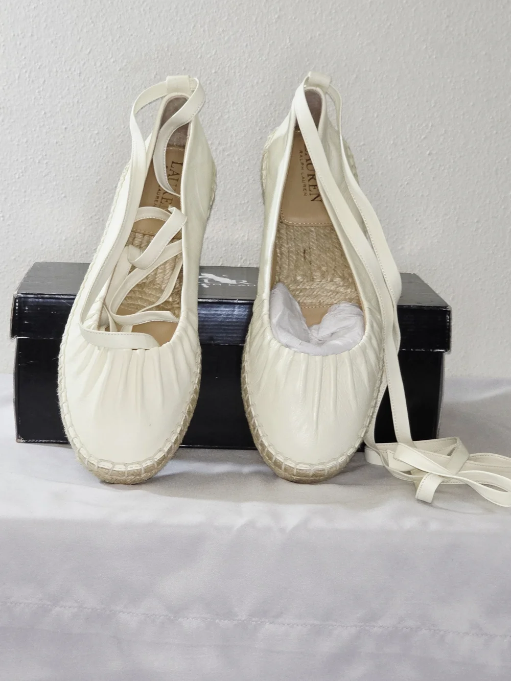 Lauren Ralph Lauren Cecilia Nappa Leather Lace-Up Espadrille In Cream  Size 7B